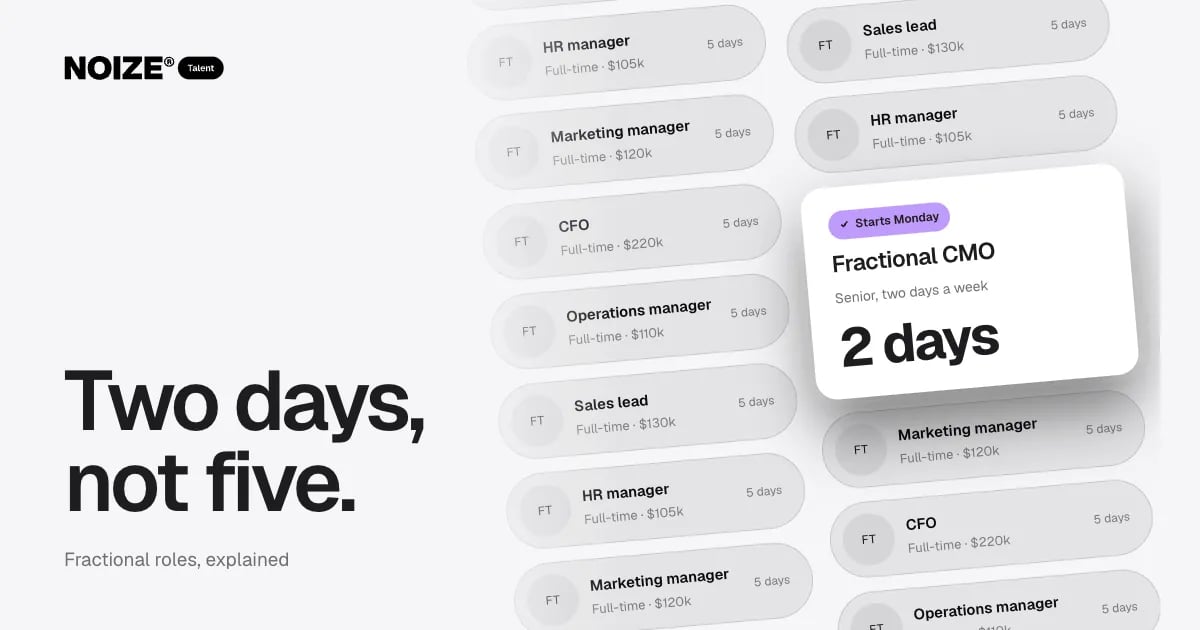 A wall of full-time five-day roles and salaries with a white Fractional CMO card: senior, two days a week, starts Monday.